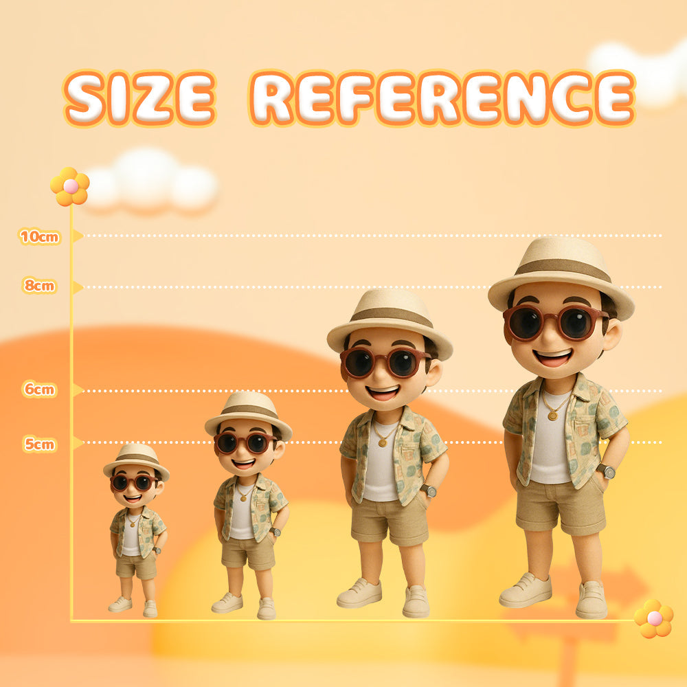 Size comparison of DoDoWish custom baby figurines available in four sizes: 5cm, 6cm, 8cm, and 10cm